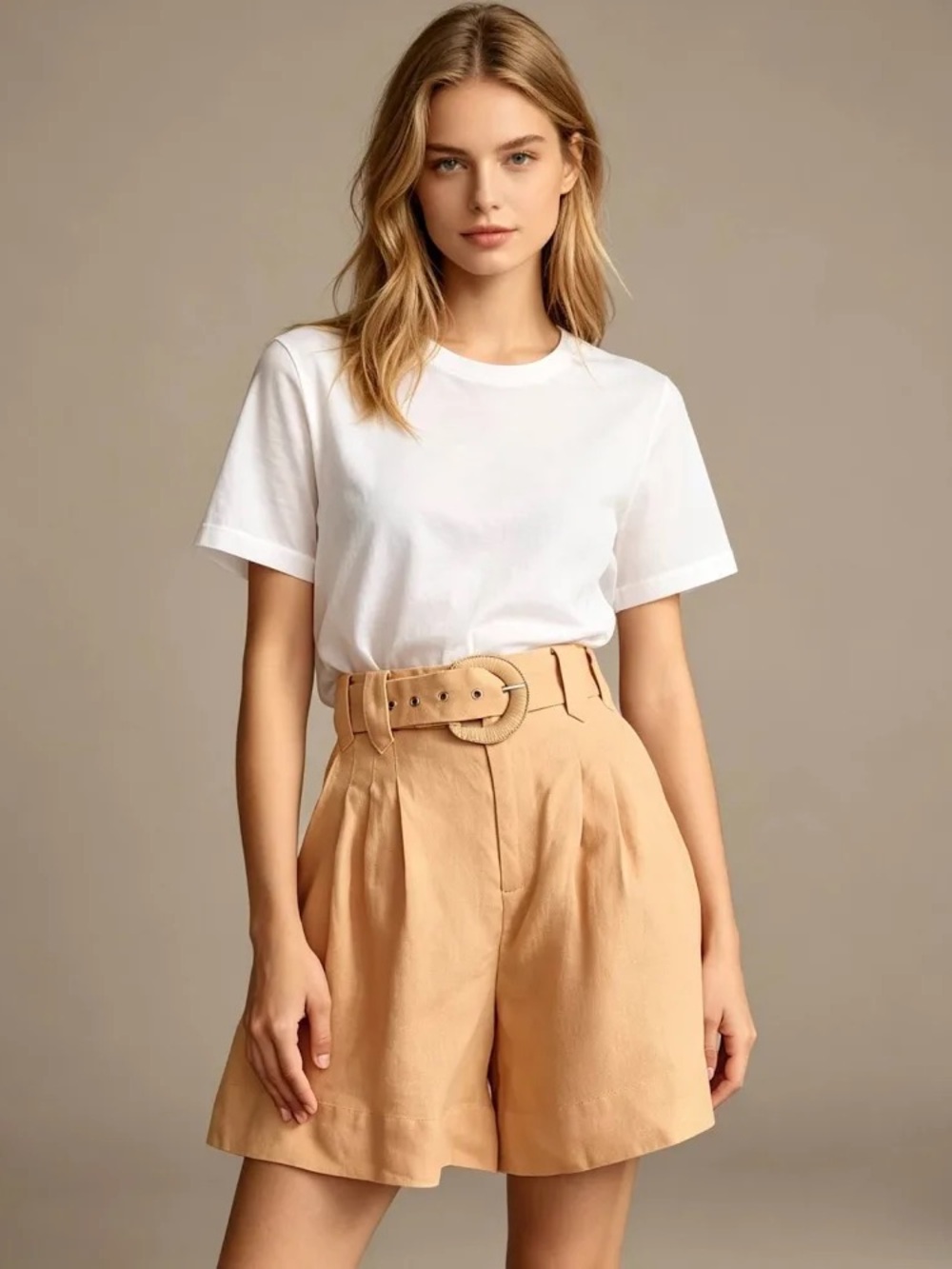 Farm Rio Tan 100% Linen Belted High Waisted Shorts Size L